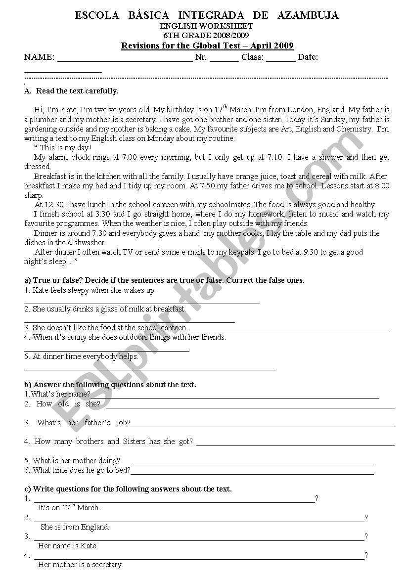 Global Test 6th grade worksheet