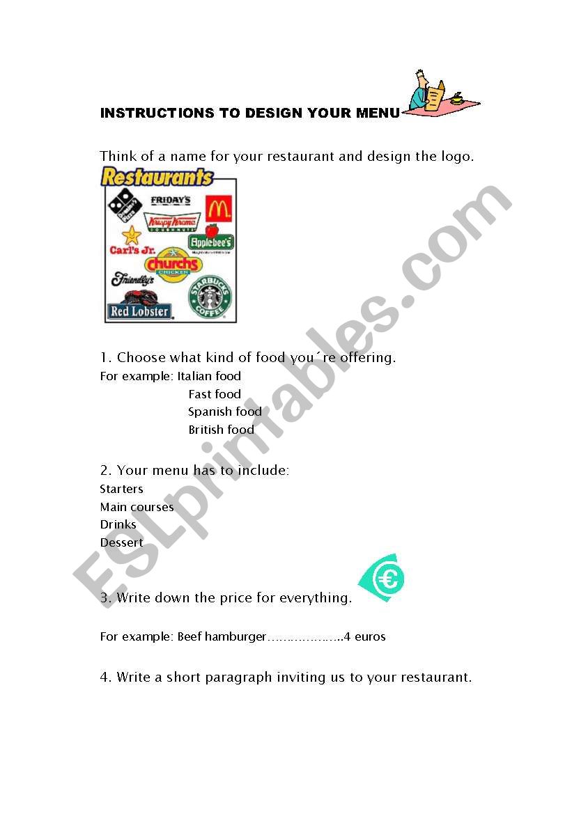 menu worksheet