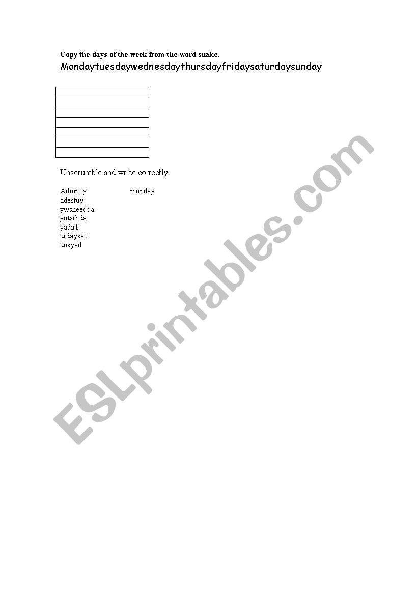 days of the week worksheet