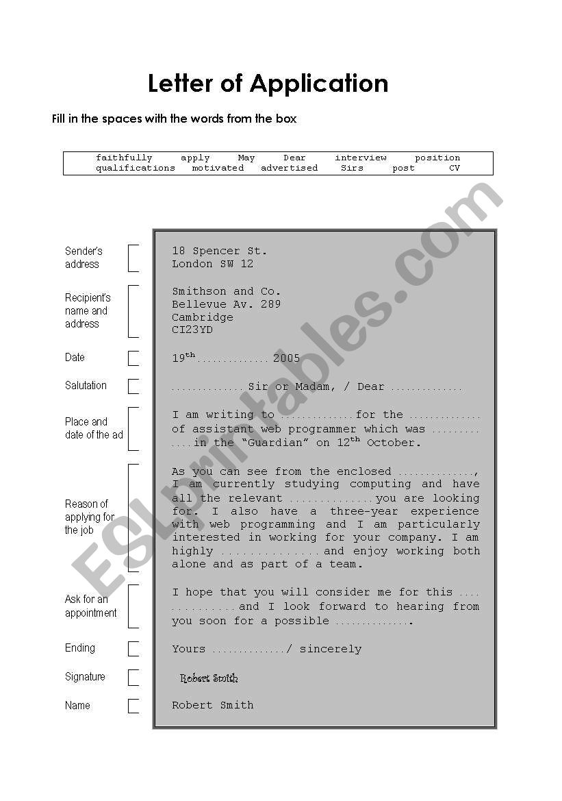 Letter of application worksheet