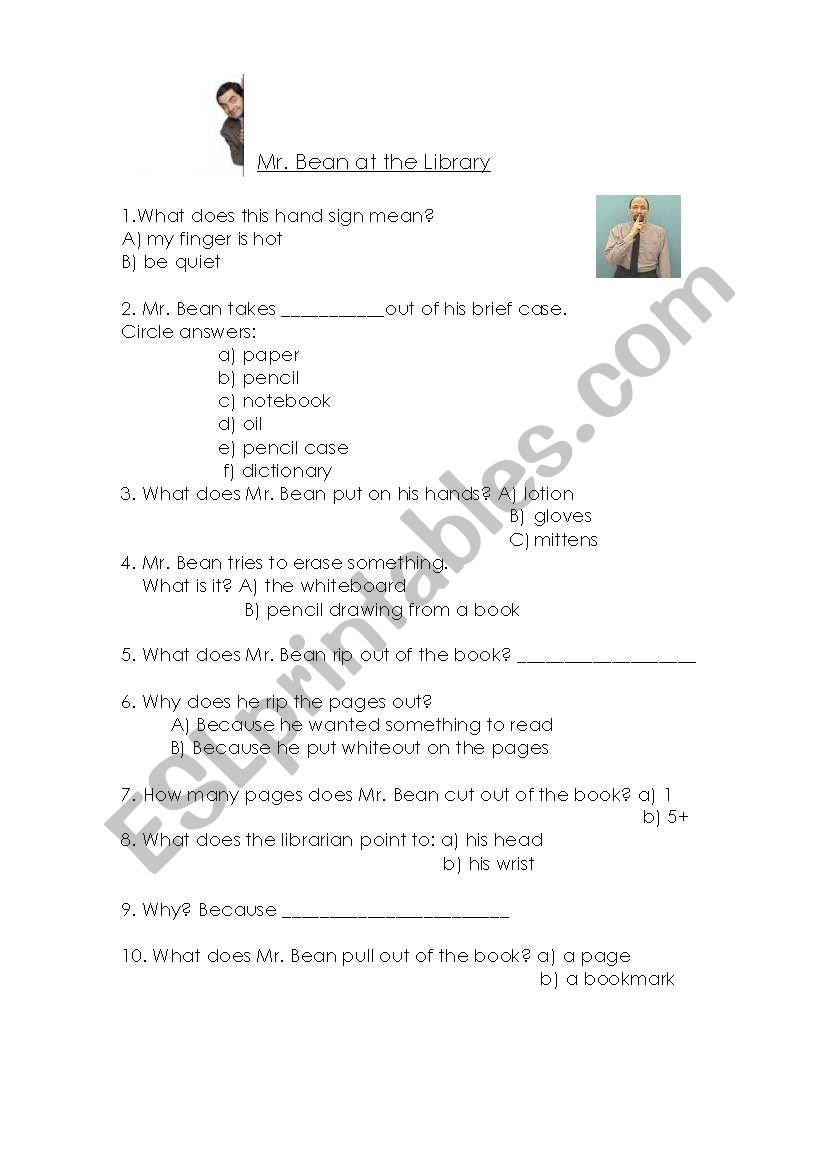Mr. Bean at the Library worksheet