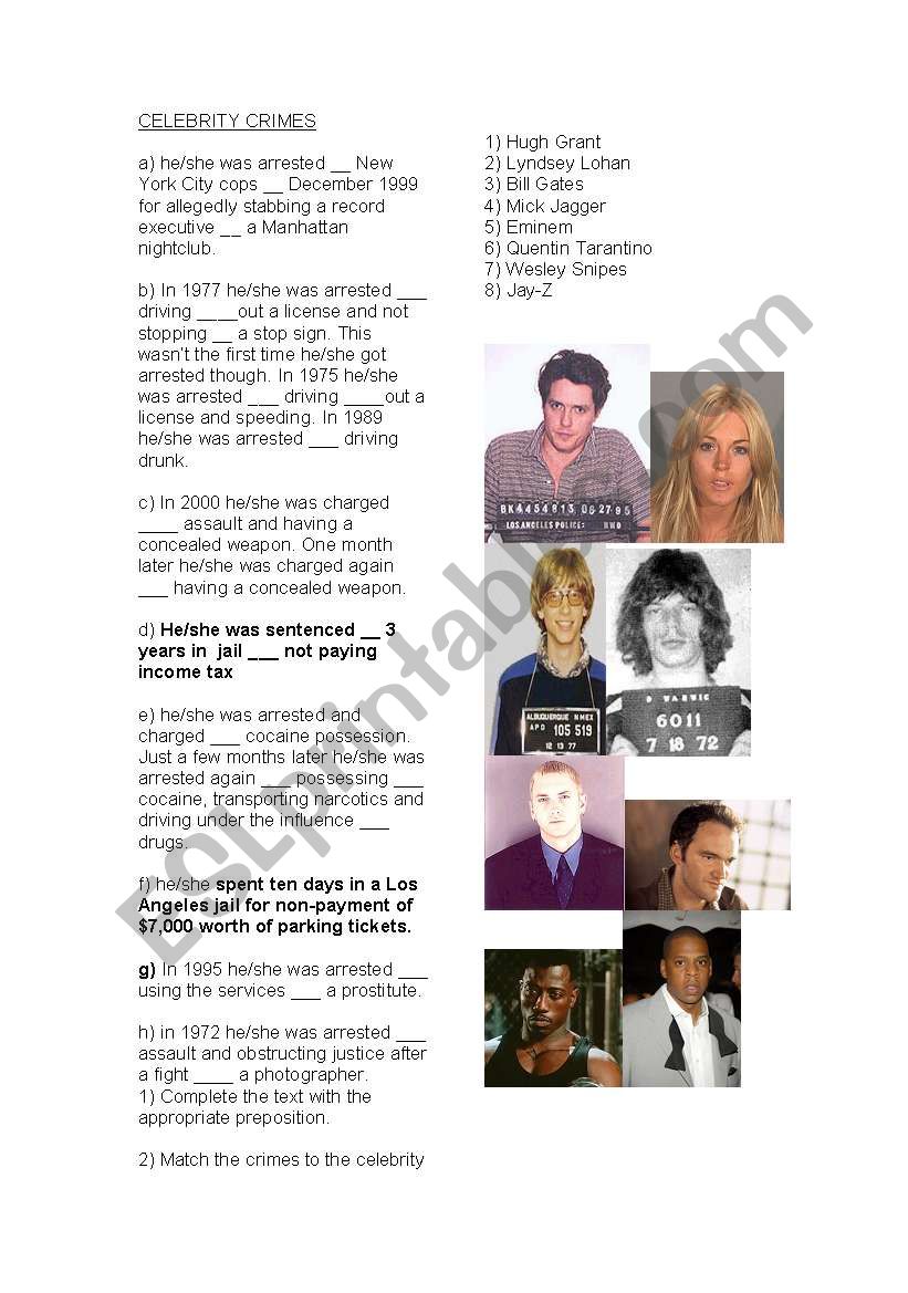 Celebrity Criminals - prepositions and reading excercise
