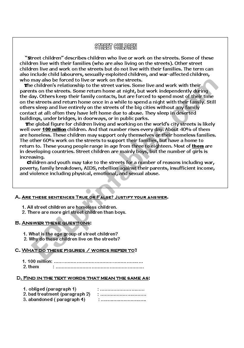 STREET CHILDREN worksheet