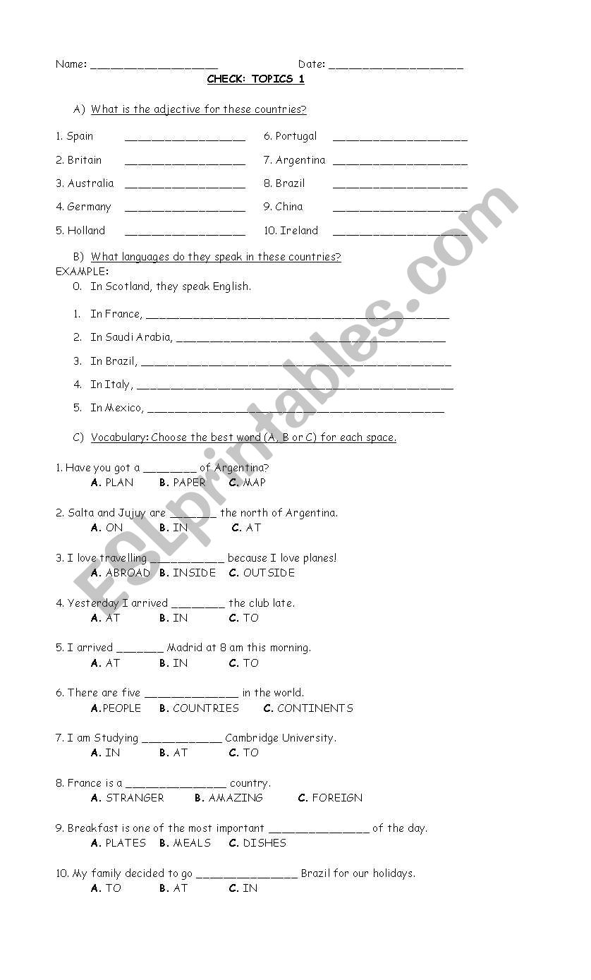 countries and nationalities worksheet