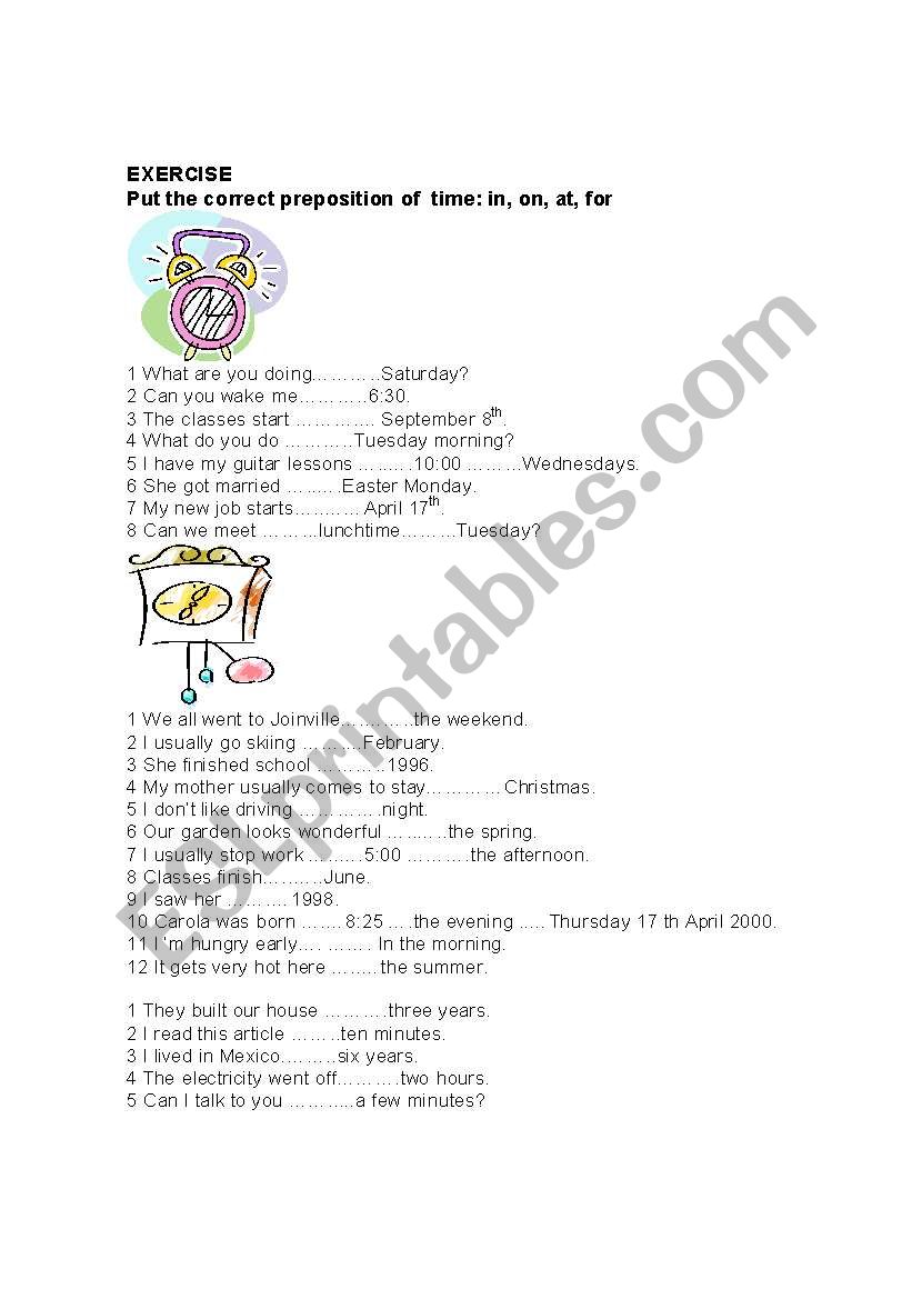 Prepositions of time worksheet