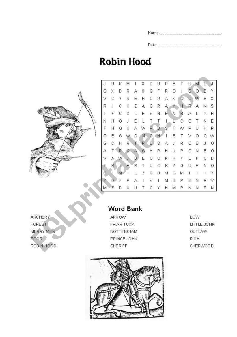 Robin Hood Crossword Puzzle worksheet