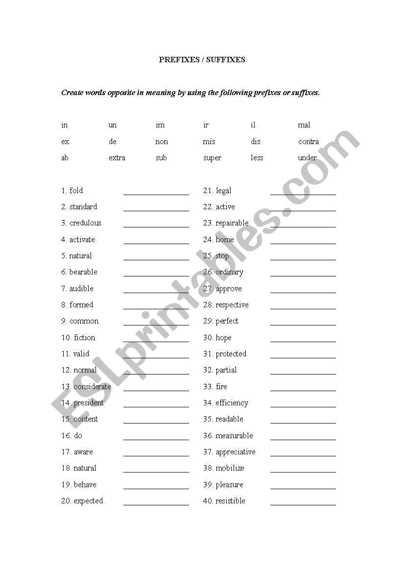 Prefix & Suffix worksheet