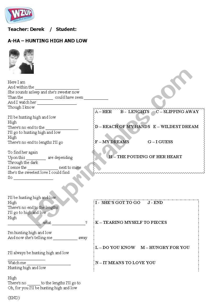 A-ha Hunting High and low worksheet