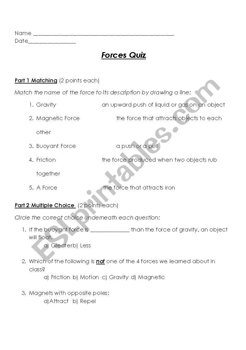 Forces Quiz worksheet