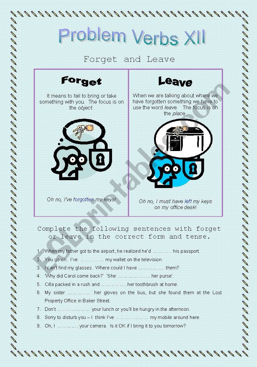 Problem Verbs XII - Forget and Leave - Theory and Practice - With key