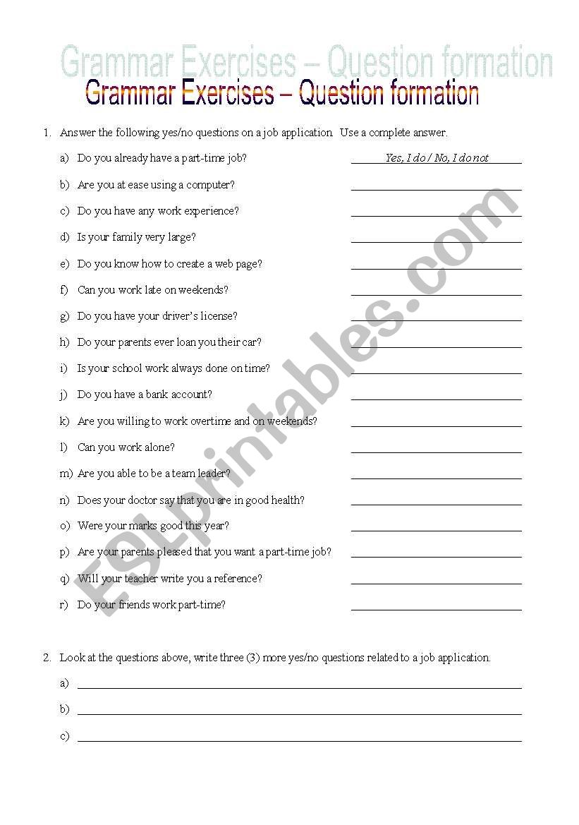 Question Formation Pratice worksheet