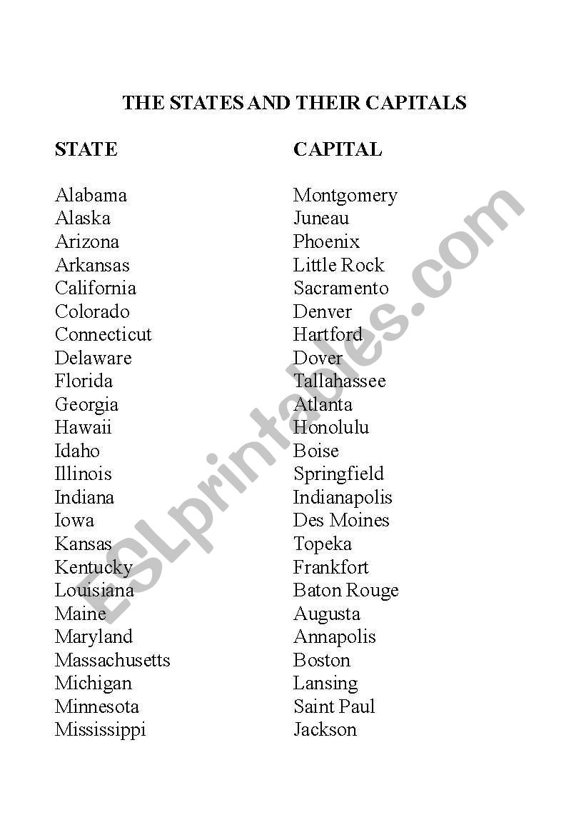 The States and Their Capitals worksheet