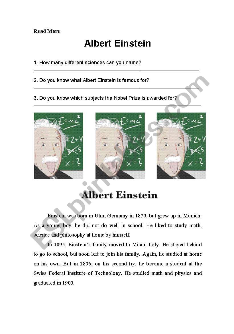 Reading Albert Einsten worksheet