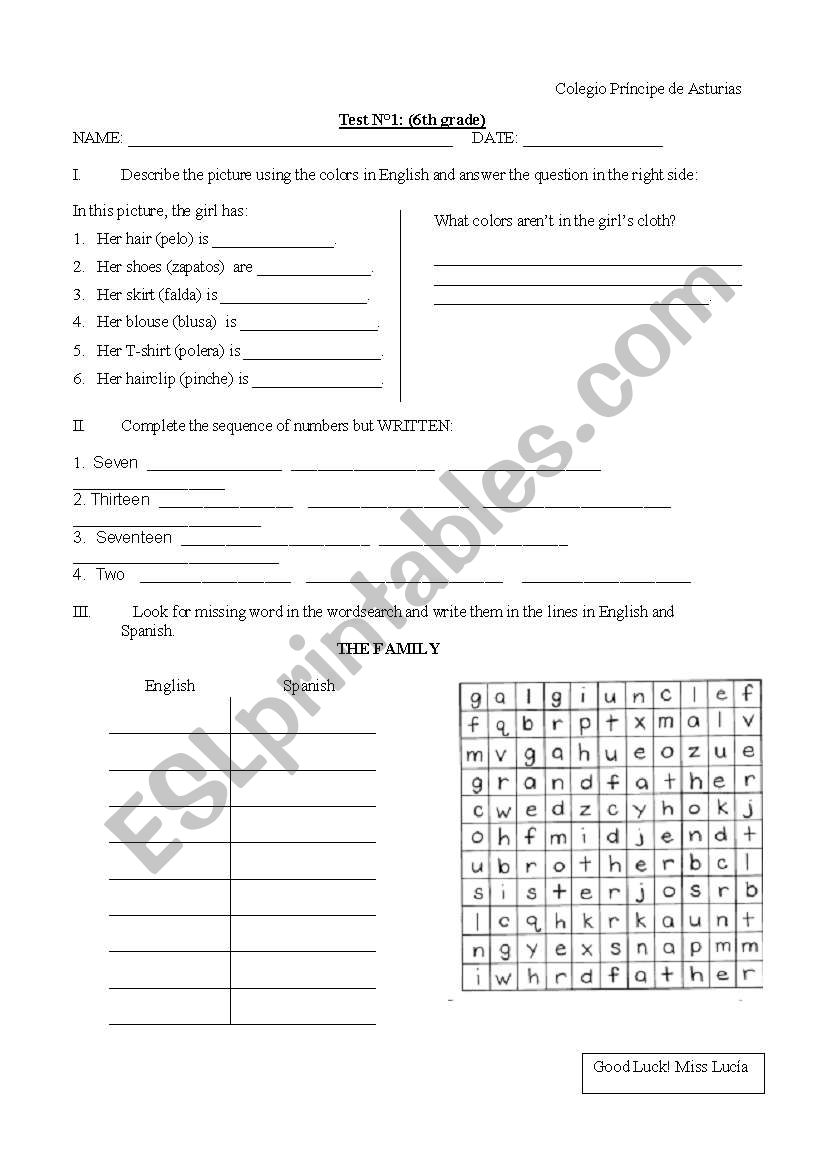 color, numbers and family worksheet