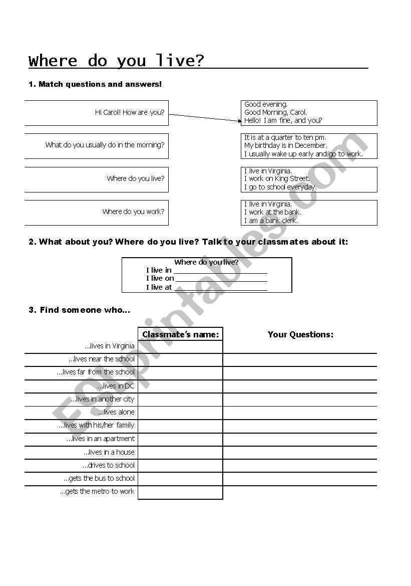 Where do you live? worksheet
