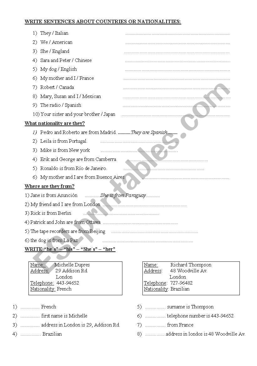 countries and nationalities worksheet