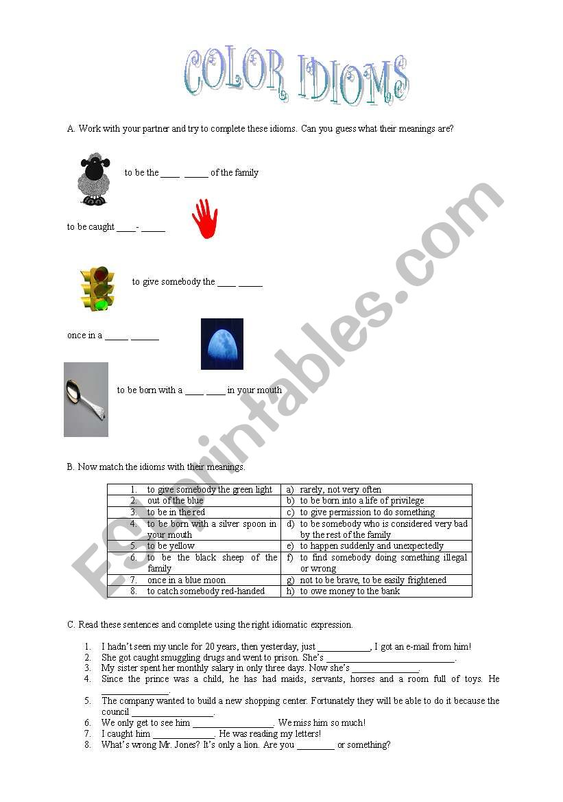 color idioms worksheet