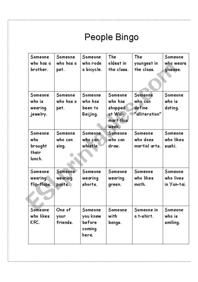 People Bingo Sheet worksheet