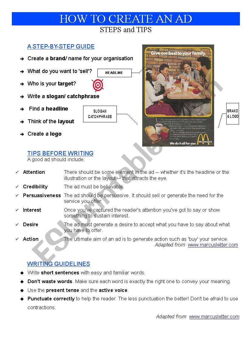 ADVERT: HOW TO CREATE AN AD worksheet