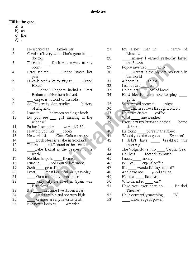 Articles worksheet