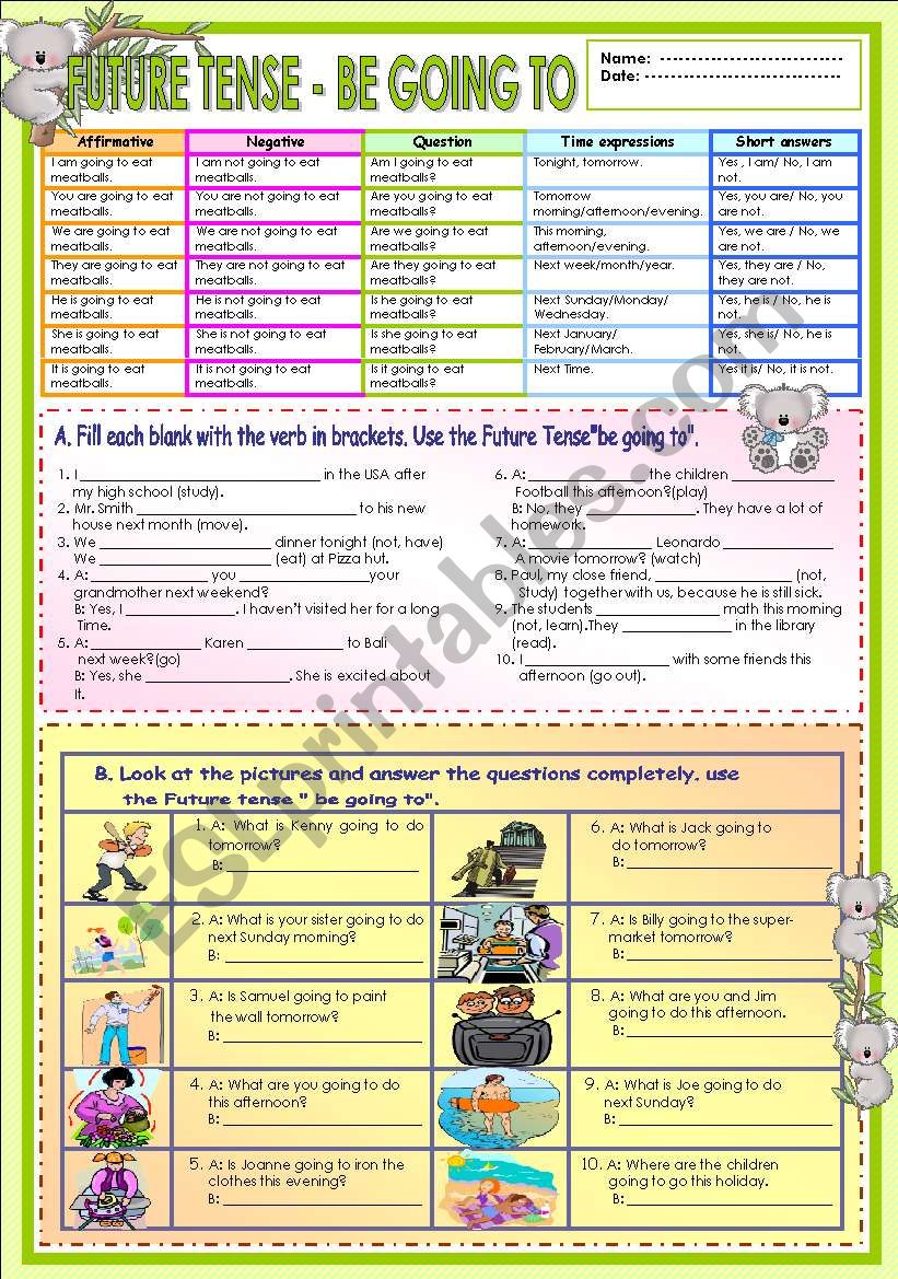 Going To Tense Worksheets