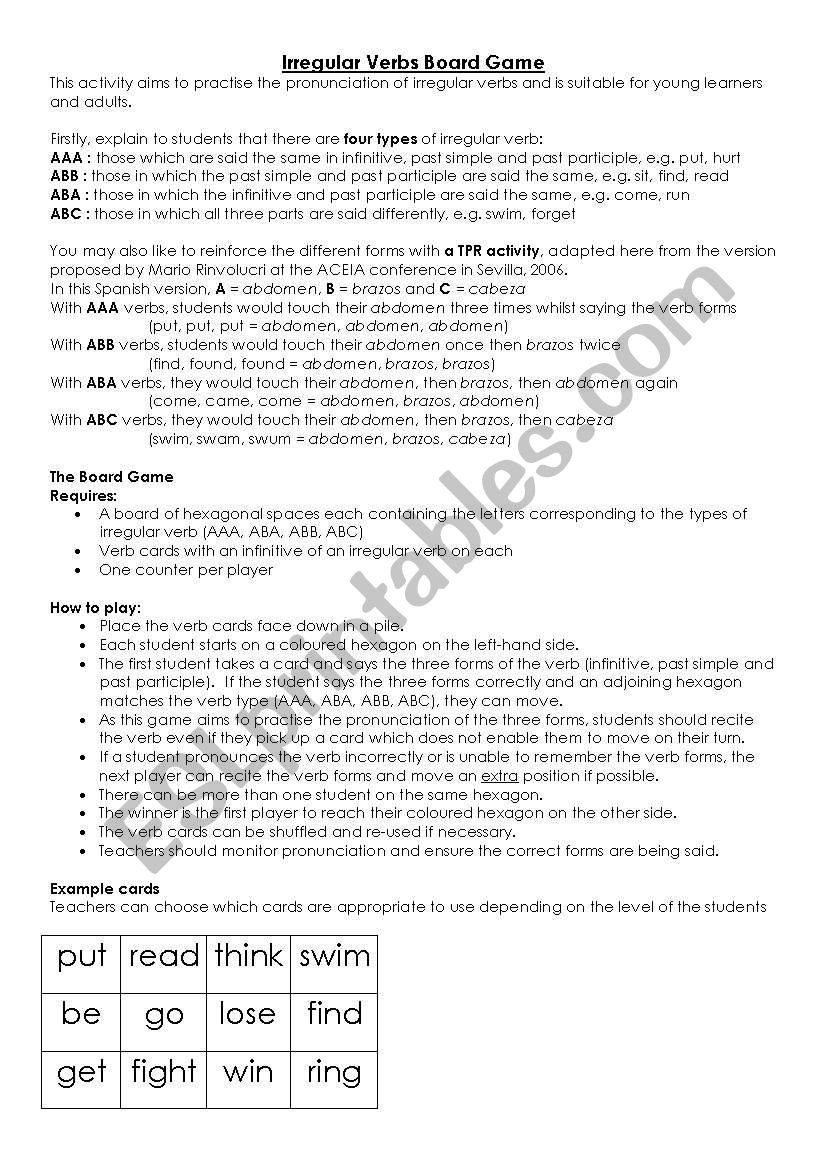 Irregular Verbs Board Game worksheet