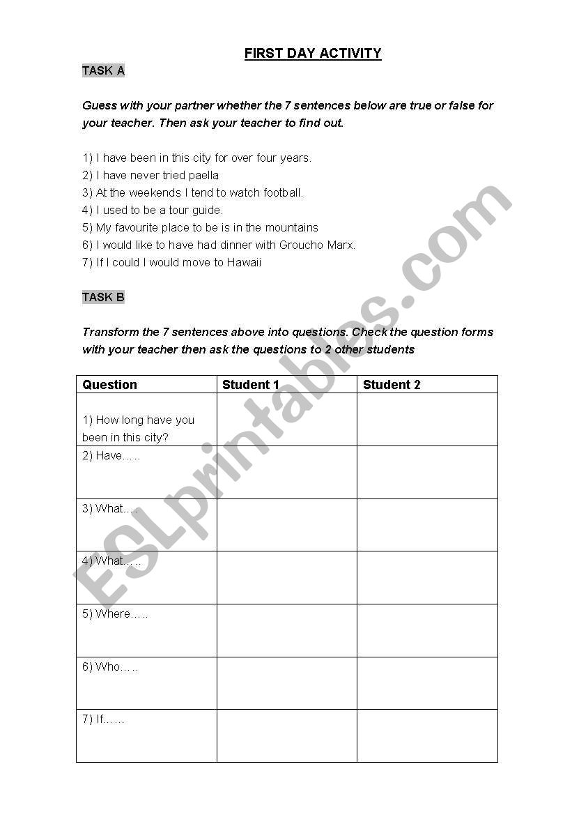 True/False First Day Class Activity