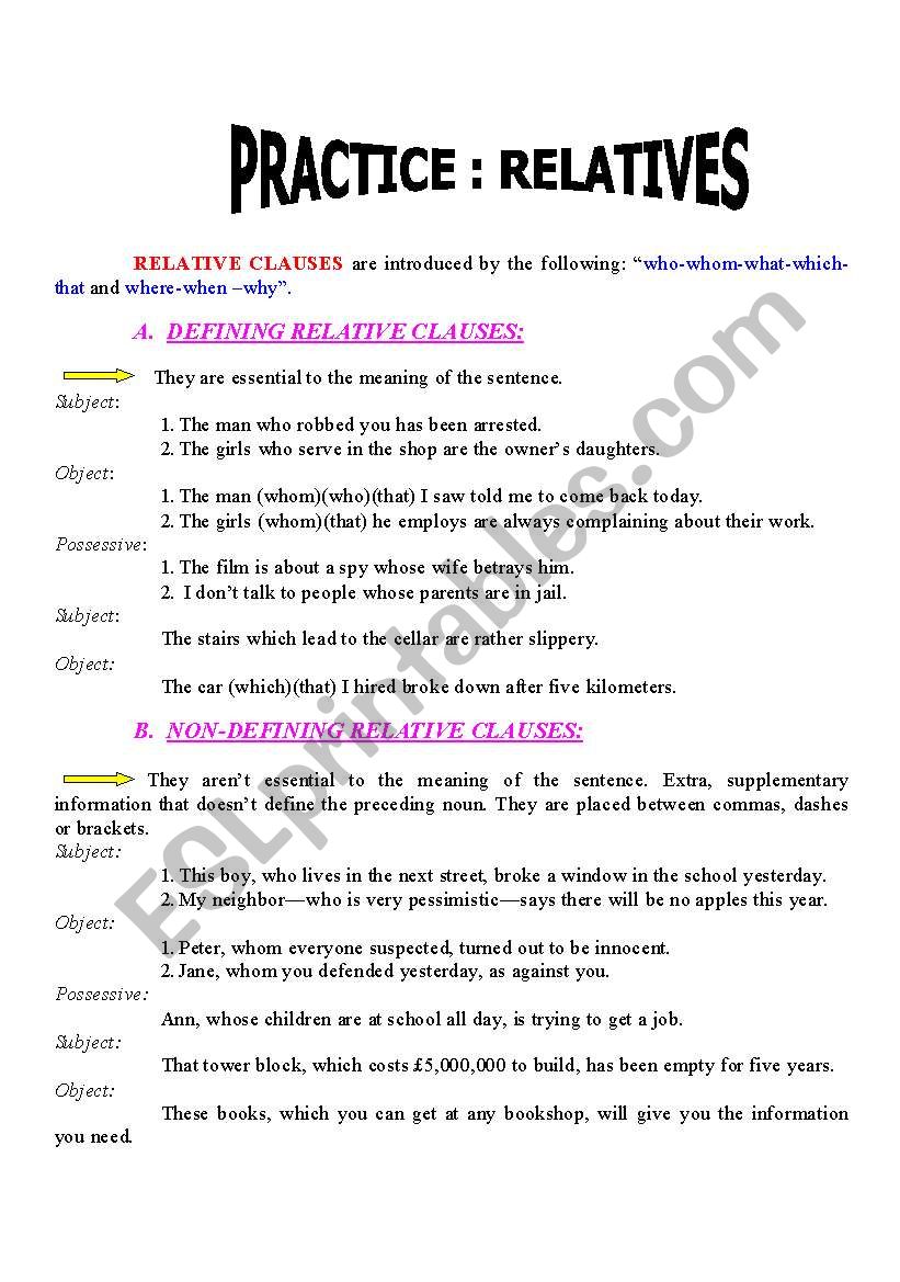 THE RELATIVES worksheet