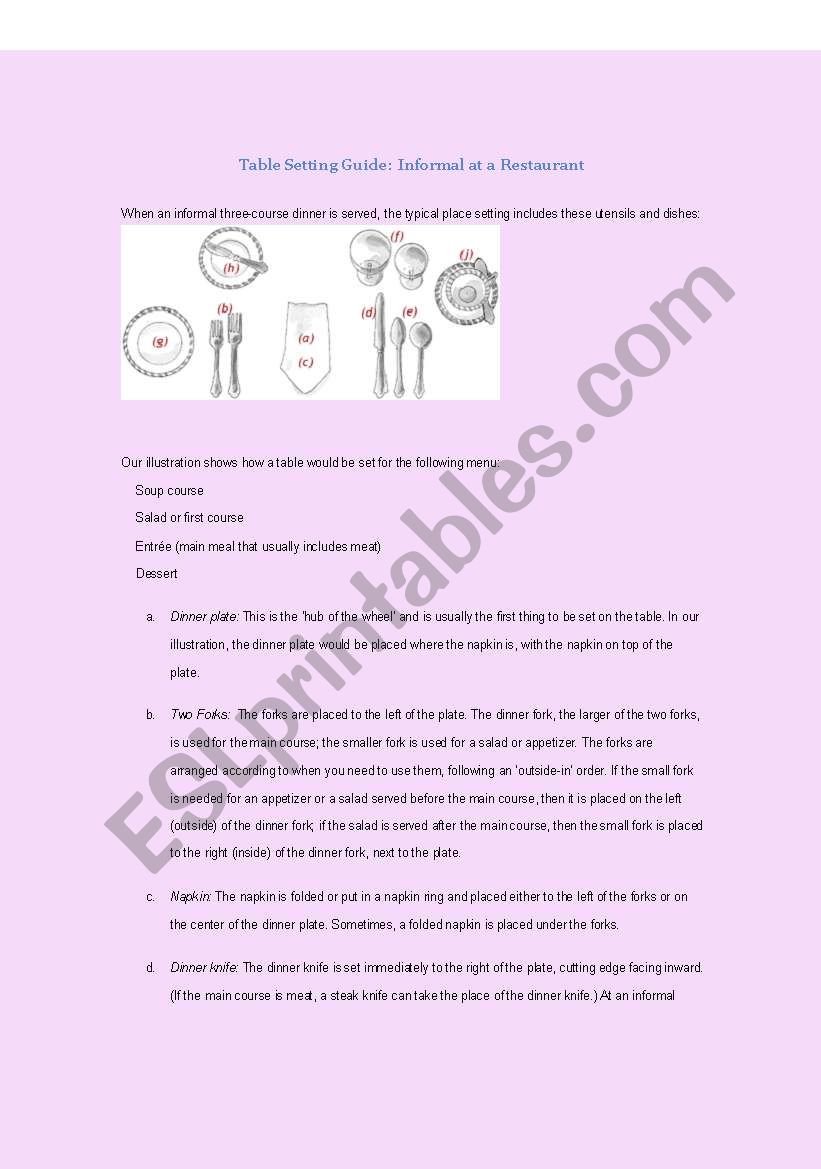 Table Place Setting: Informal worksheet