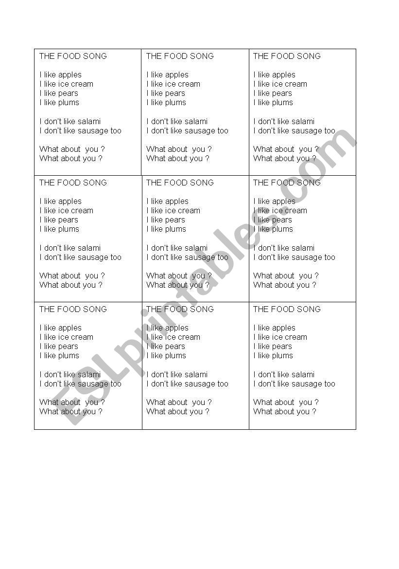 Food song worksheet