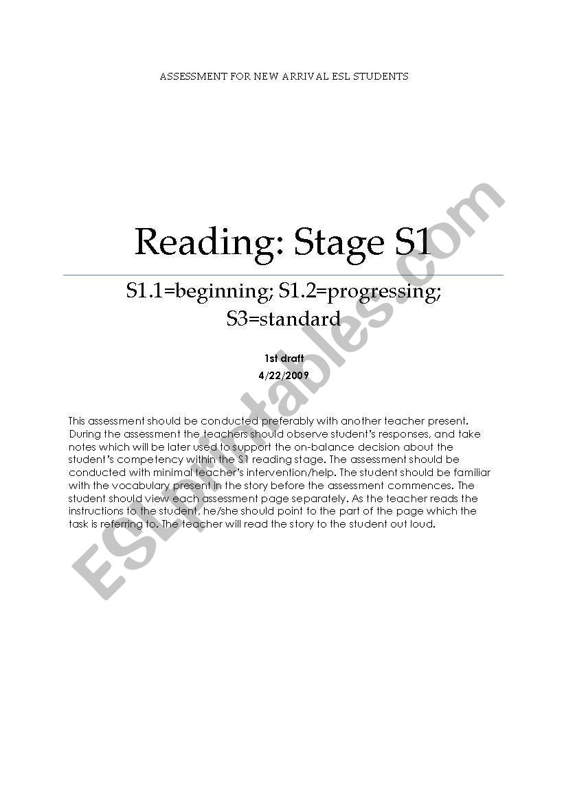 ESL Assessment - Reading, Stage S1, Victoria, Australia
