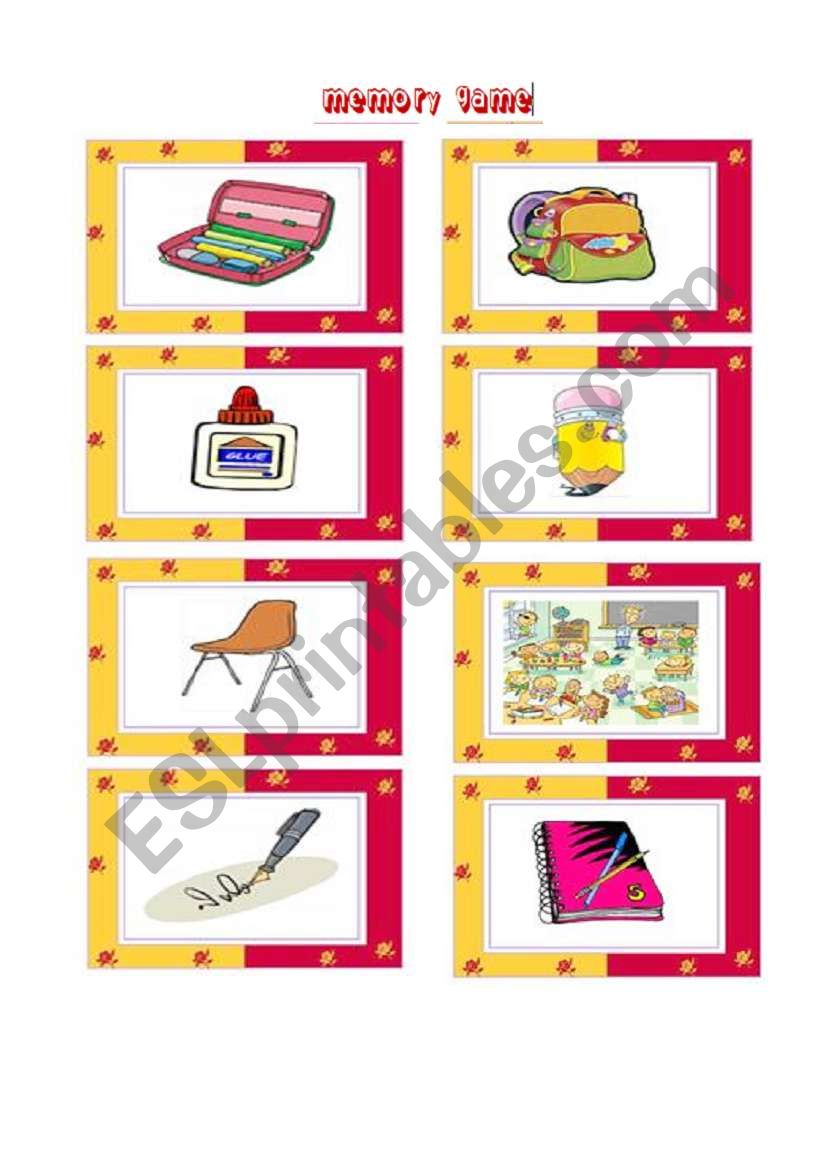 School things memory game worksheet