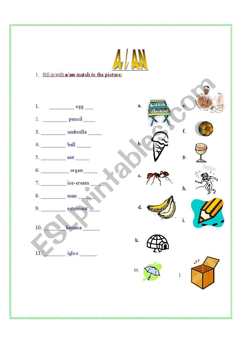 English worksheets a or an before the singular noun