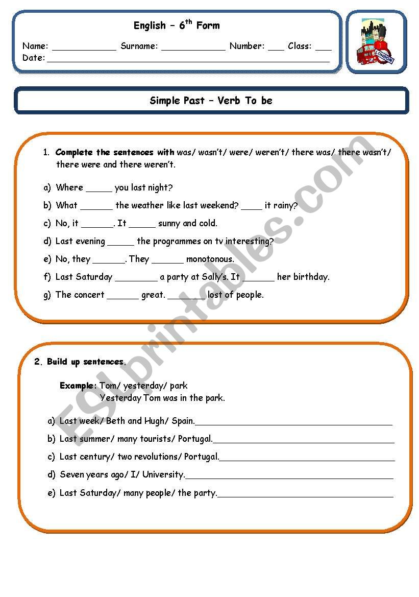 Simple Past - Verb To be worksheet