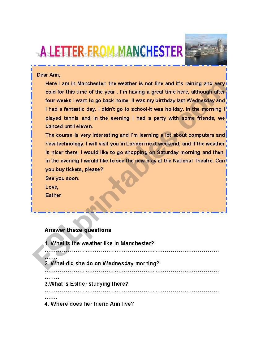 A LETTER FROM MANCHESTER worksheet