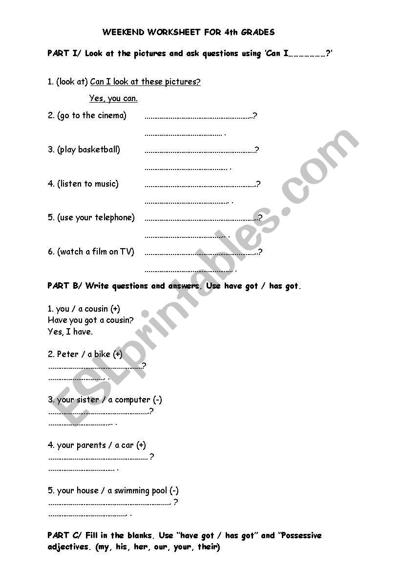 Worksheet about can/ possession/possesives/ present continuous