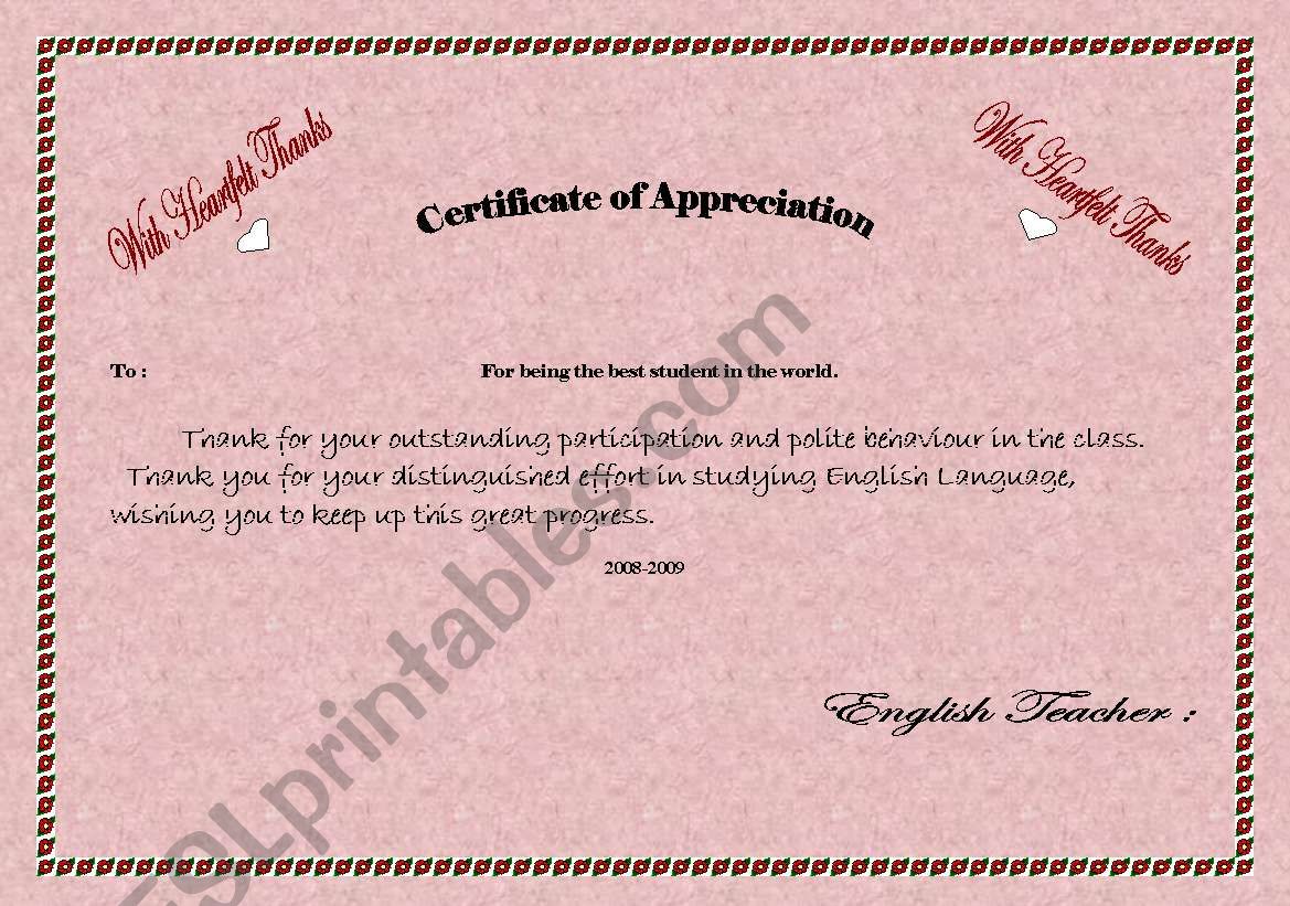 Certificate of appreciation worksheet