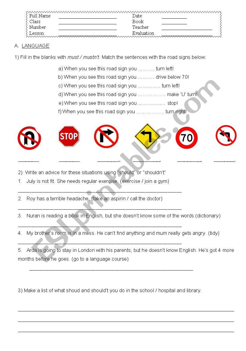 Must/ should worksheet