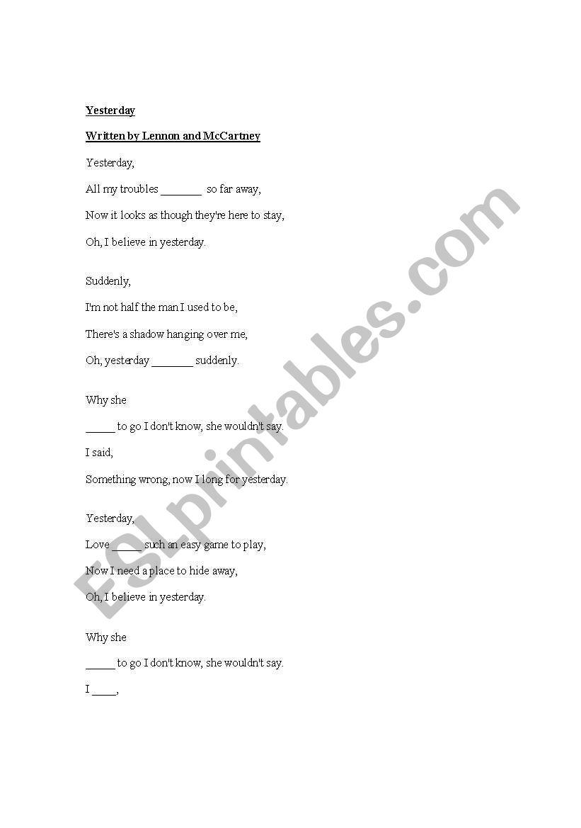 Yesterday, The Beatles - Past Simple worksheet