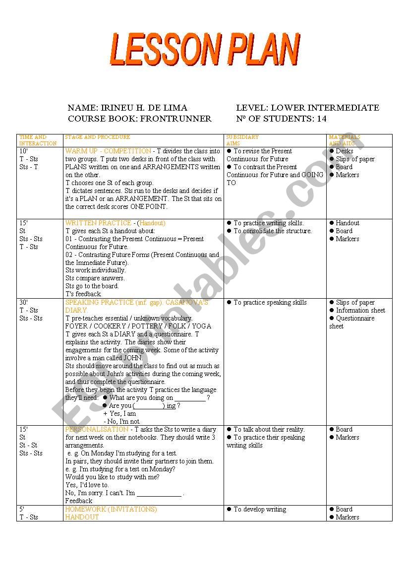 LESSON PLAN (PRESENT CONTINUOUS FOR FUTURE)