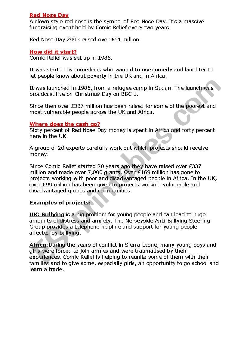 Red Nose Day worksheet