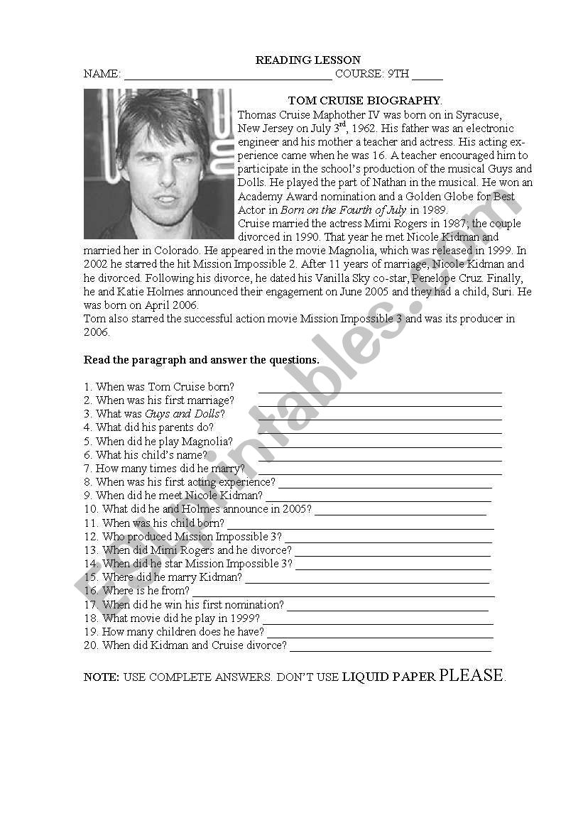 Tom CruiseÂ´s biography worksheet