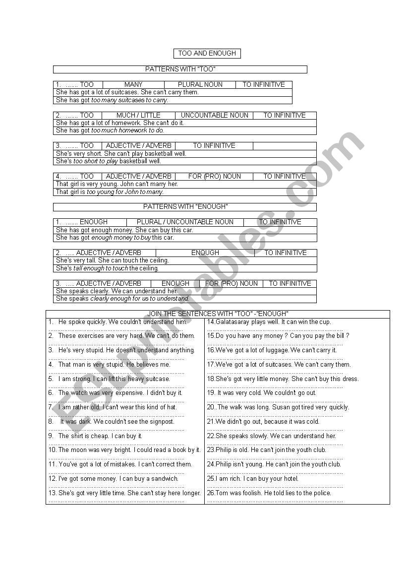 too&enough worksheet