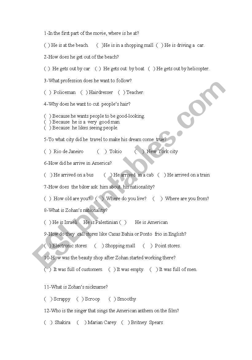 Zohan Movie worksheet