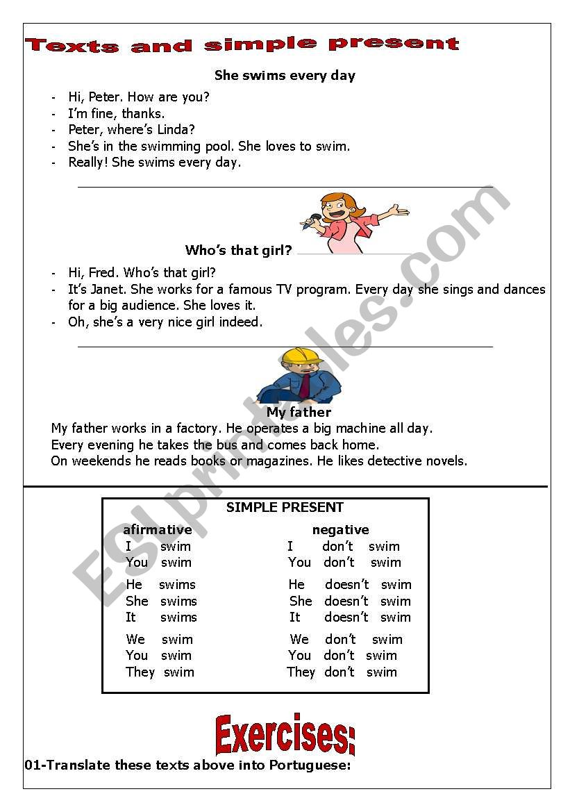 texts and simple present worksheet