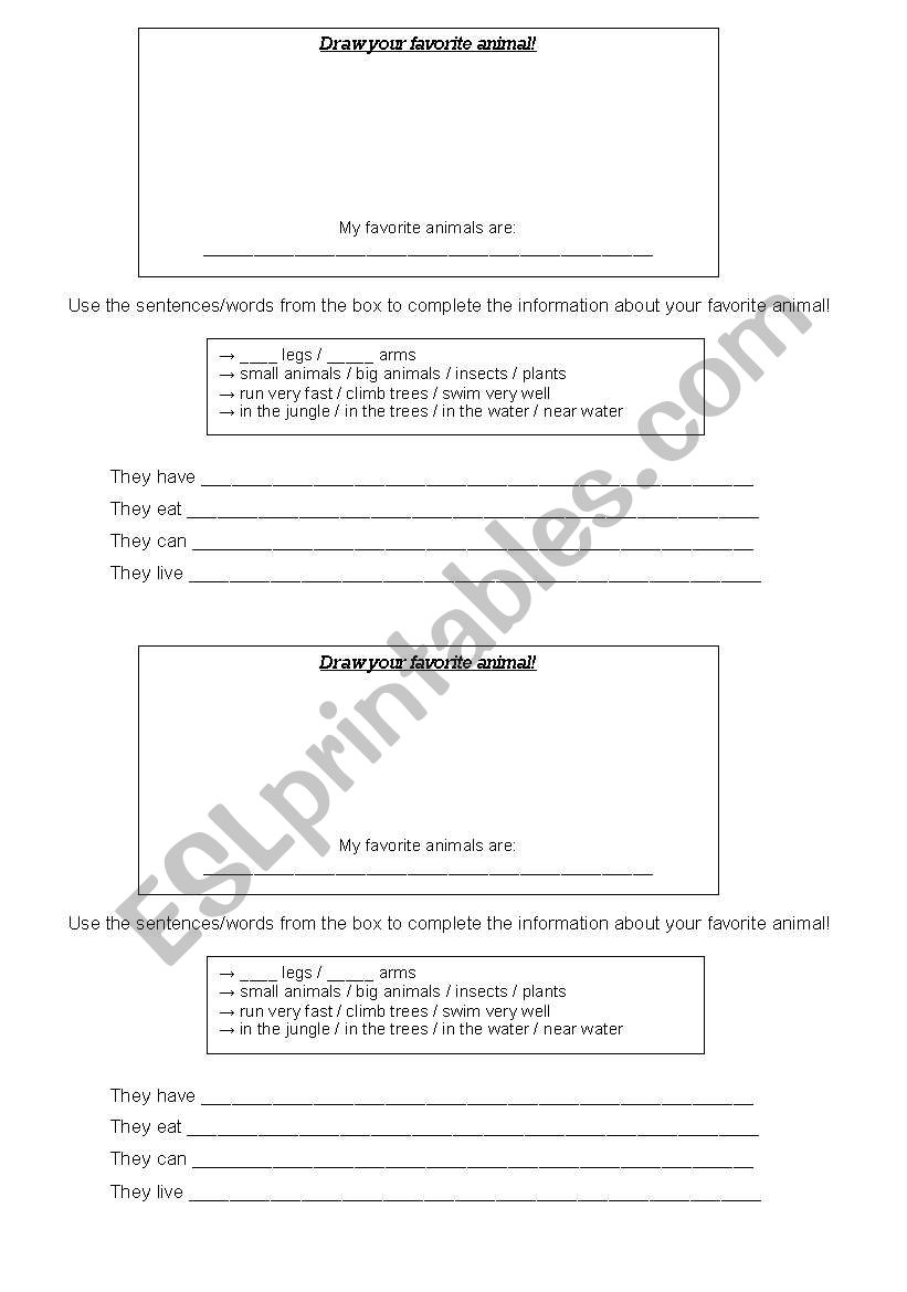 English Worksheets My Favorite Animal Physical Description And Abilities