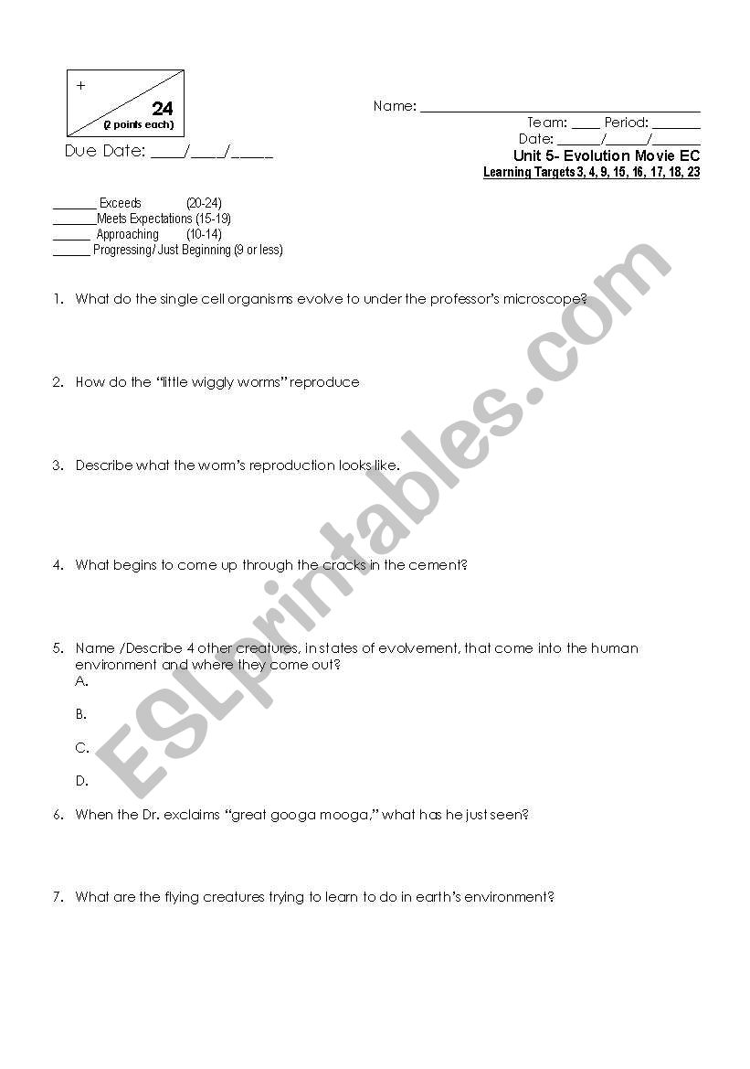 Movie Worksheet - Evolution (bio unit)