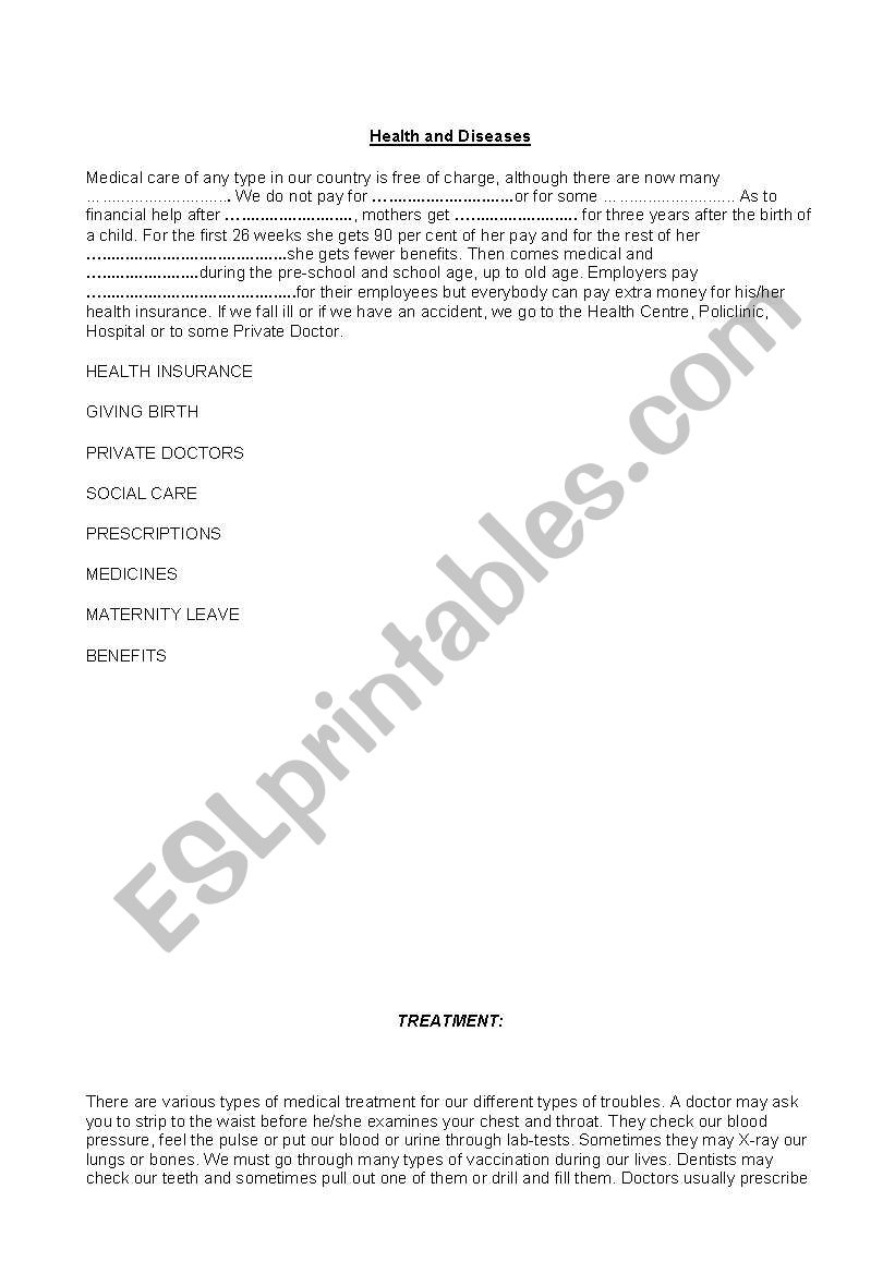 Health and Diseases worksheet