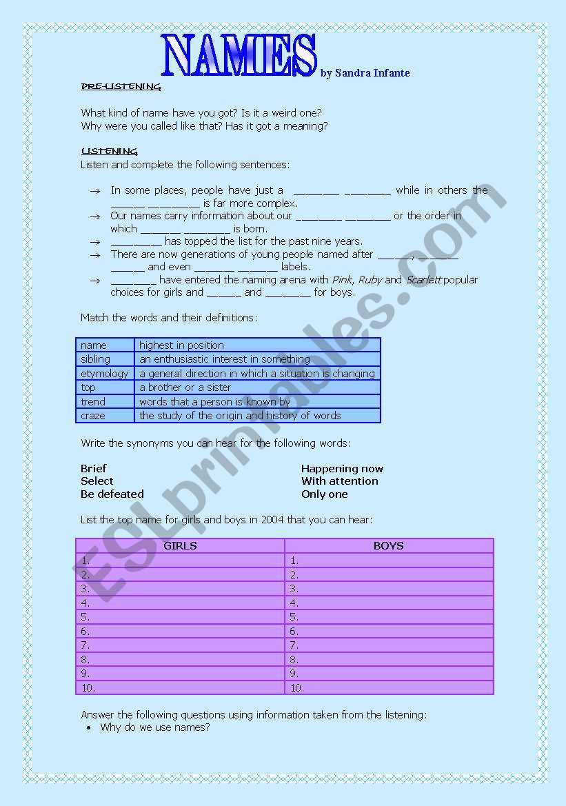 LISTENING: NAMES worksheet