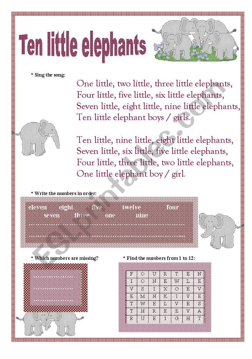 Ten little elephants worksheet